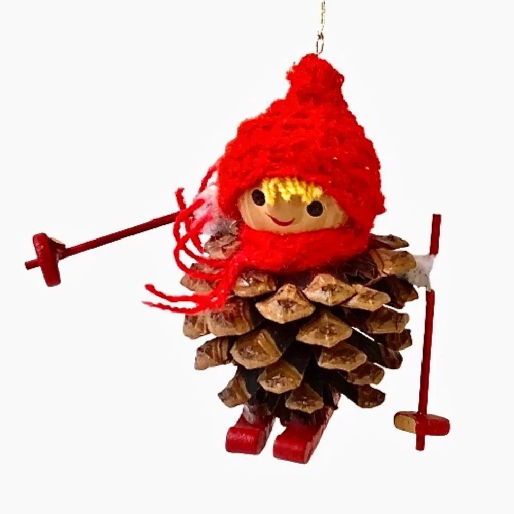 Vintage Christmas Ornaments Handmade Pine-Cone Skier + Yarn Log Carrier Lot 2